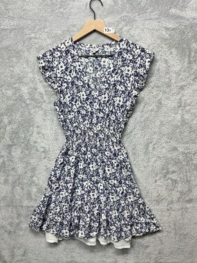 Rails Tara Navy White Floral V-Neck Dress XS Lined Ruffle Hem